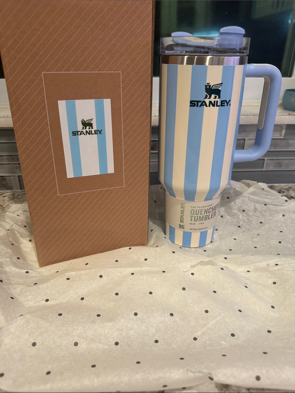 Stanley Light Blue and White Striped Insulated Mug H2.0
